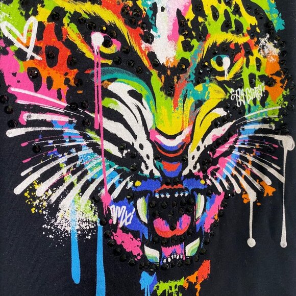 Ay Guey Women's Top Black Sz S Baby Tee Jaguar Graphic Rhinestones Colorful - Picture 5 of 9